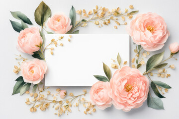 Blank paper wedding greeting card with flowers peach fuzz colors on of pastel background. - 748878279