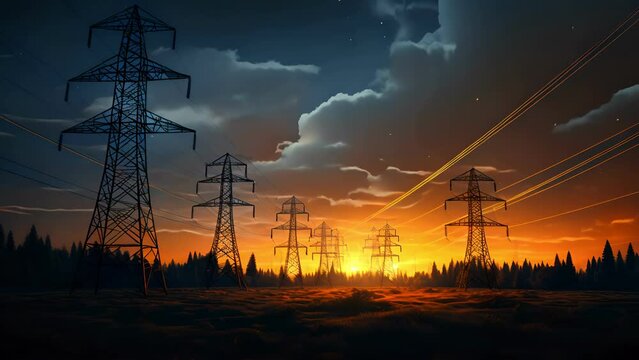 Electricity transmission towers with orange glowing wires the starry night sky. Energy infrastructure concept, energy, electricity, voltage, supply