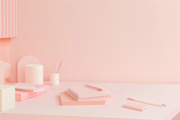 Pastel colored workspace with a minimalistic desk and soft pink stationery. Generative AI