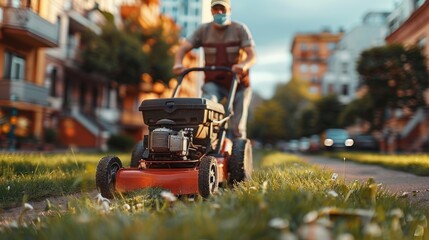 Man Mowing Grass With an Electric Lawn Mower