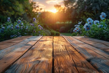 Warm sunlight streaming through a lush garden illuminating a textured wooden tabletop in the foreground