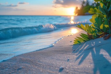 Gentle ocean waves lapping at the white sandy shore with green foliage and a beautiful sunset - obrazy, fototapety, plakaty