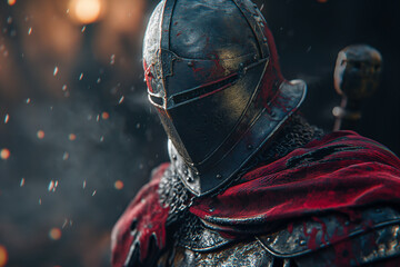 Portrait of a medieval knight in armor, covered with a red cloak, close-up - obrazy, fototapety, plakaty