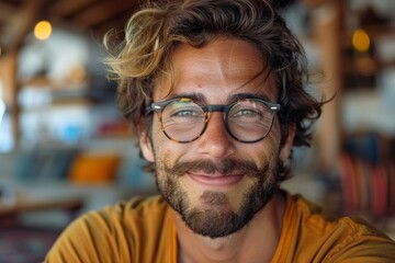 Smiling man with curly hair and eyeglasses, looking directly at camera - obrazy, fototapety, plakaty