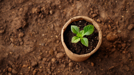 Young Basil Plant in Biodegradable Pot on Earthen Ground 