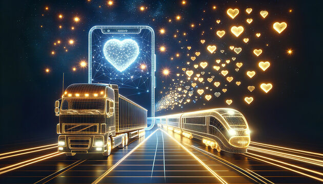 A stunning image of digitised trucks and a train with a glowing smartphone showing a heart, all against a backdrop of stars, symbolising the fusion of logistics, technology and digital love.AI generat