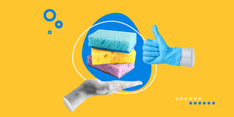 Cleaning, household concept. Three colored sponges and  hand in  blue rubber glove shows  thumbs up...