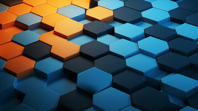Blue and orange hexagons background pattern 3D rendering, Ai generated image