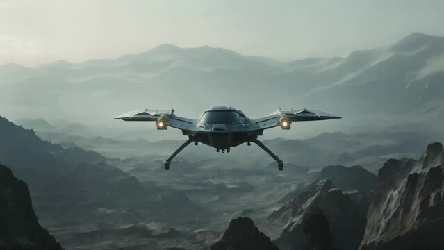 Cosmic Guardian: Dark Blue Glowing AI Starship Drone Amidst Alien Rocks. Generative ai