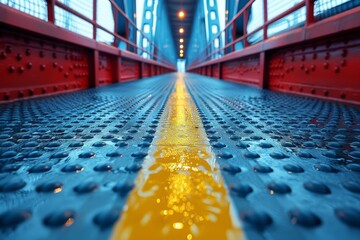 Perspective view of a modern red suspension bridge, focusing on the vanishing point with a distinct yellow line centered and wet surface reflecting lights - obrazy, fototapety, plakaty
