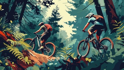 illustration Adventurous off-road bikers navigating through a dense forest trail, reflecting the thrill of off-road biking