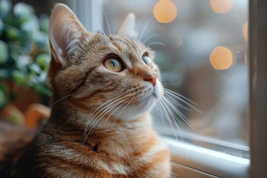 Close-up image of a contemplative orange tabby cat looking out a window at soft light blooming in the distance