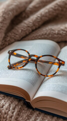 Gros plan sur des lunettes posées sur un livre.