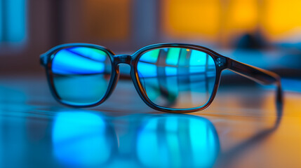 Une paire de lunettes se trouvant sur un bureau. - obrazy, fototapety, plakaty