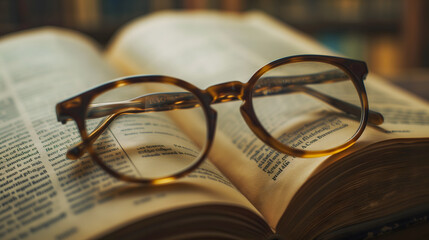 Une paire de lunettes qui repose sur un livre ouvert. - obrazy, fototapety, plakaty