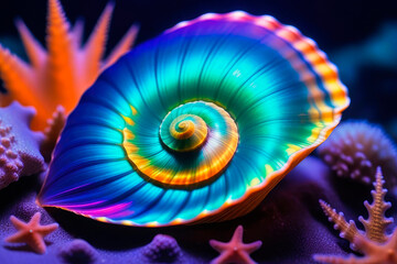 Blue ocean seascape, wave, beautiful seashell in holographic gradient by the warm sunset light of underwater.
