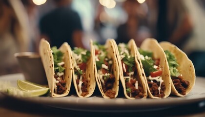 Close up of tacos with blured group of friends in background - obrazy, fototapety, plakaty