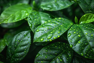 Close-up of vibrant green leaves with sparkling water droplets after the rain, showcasing the freshness and purity of nature