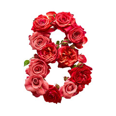 8 made of roses isolated on transparent background, 8th of march, women`s day inspiration created using generative Ai tools
