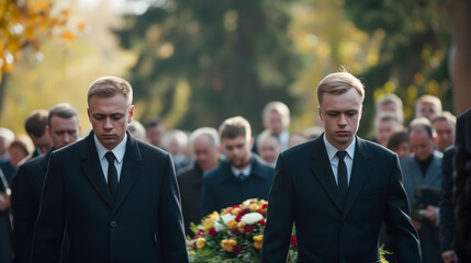 Deux hommes en deuil lors d'un enterrement.