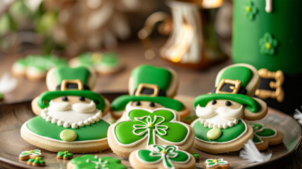 Fototapeta na wymiar Assorted St. Patrick's Day Cookies on Wooden Surface. An assortment of St. Patrick's Day themed cookies displayed on a rustic wooden surface.
