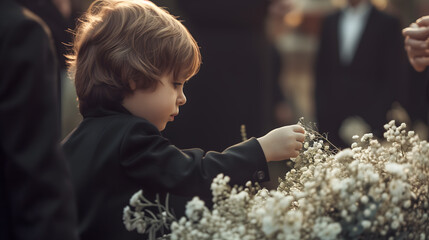 Un petit garçon en train de mettre une fleur sur la tombe d'un proche lors de la cérémonie d'un enterrement.