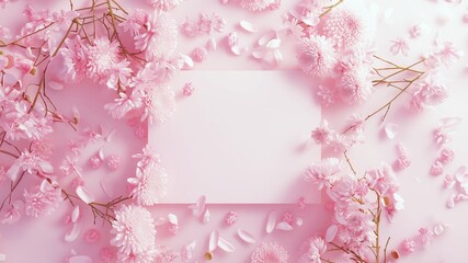 Frame of cherry blossoms, petals and pink chrysanthemums on a pastel pink background. Flower composition. Flat lay, top view, copy space. 
