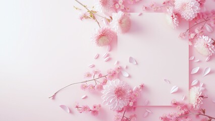 Frame of cherry blossoms, petals and pink chrysanthemums on a pastel pink background. Flower composition. Flat lay, top view, copy space. 