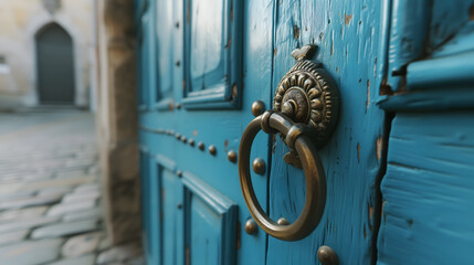 Une porte ancienne en bois avec un heurtoir en forme d'anneau et des ornements en fer forgé. - obrazy, fototapety, plakaty
