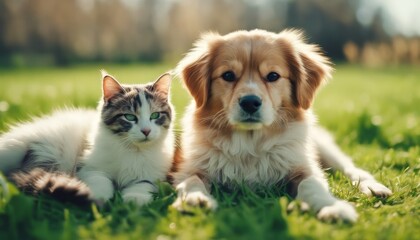 Naklejka na ściany i meble Cute dog and cat lying together on a green grass field nature in a spring sunny background