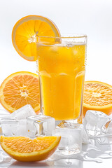 Iced orange juice in a glass with many condensation droplets, surrounded by ice cubes and slices of oranges - 748880485