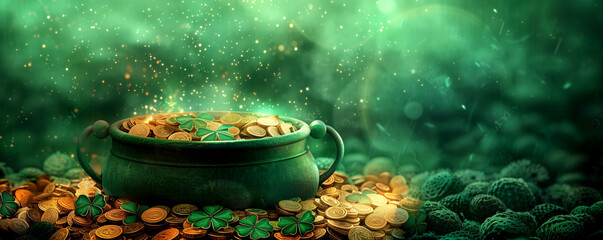 St. Patrick's Day Holiday Promotion Banner. A charming St. Patrick's Day setting featuring a traditional leprechaun hat, beer, gold, pot