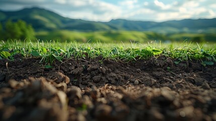 Underground soil layer of cross-section earth with grass on the top with hills view background - obrazy, fototapety, plakaty