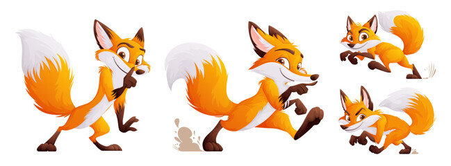A set of four cunning but cute foxes. Adult foxes in dynamic poses. Wild animals of the forest.