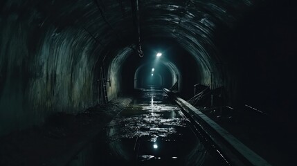 Empty old abandoned underground tunnel with water on the floor.