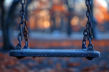 Close up of a single empty swing with dewdrops on a playground during a sunny autumn morning - Powered by Adobe