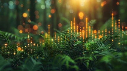 Lush forest foliage intertwined with glowing digital data lights, blending nature with cyber data concepts. - obrazy, fototapety, plakaty