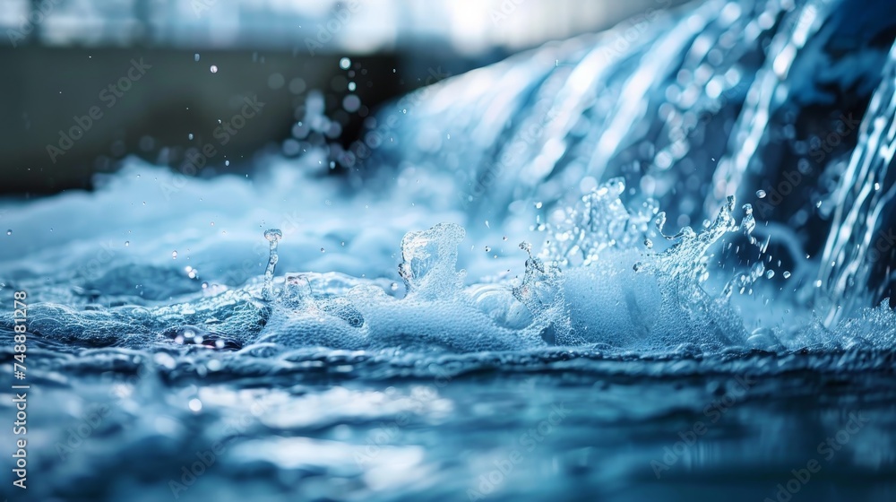 Poster close-up shot capturing the dynamic movement and clarity of water as it splashes, highlighted by a b