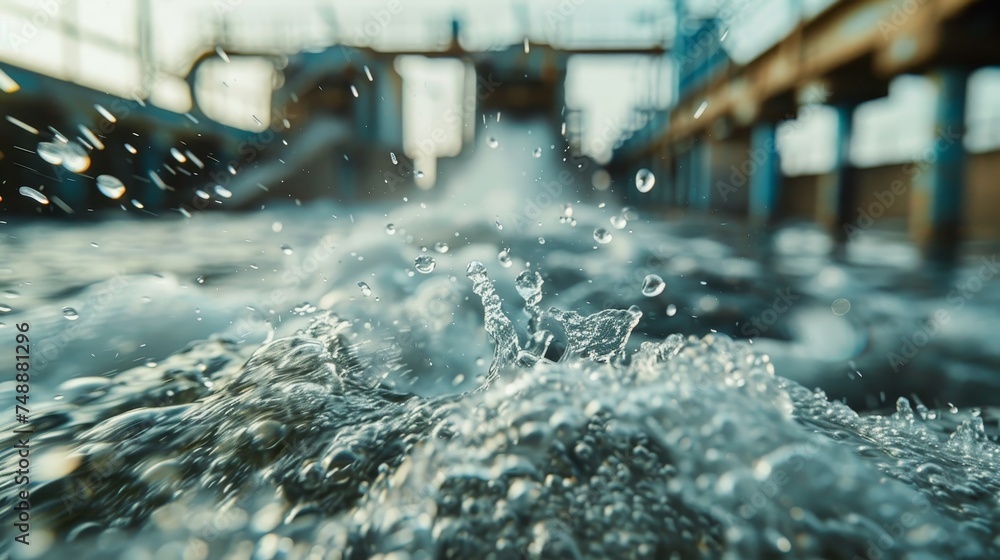 Poster a vigorous water splash occurs in an industrial environment, with blurred structures in the backgrou