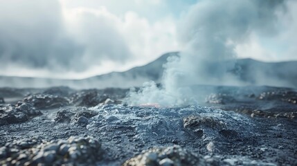 Ground-level perspective of a geothermal landscape, highlighting steam vents against a moody sky and volcanic terrain.