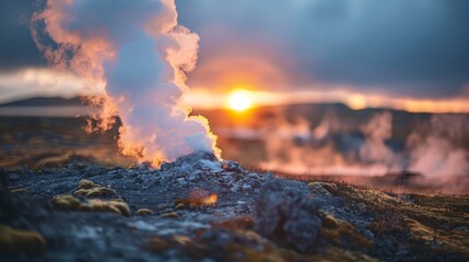 Fototapeta premium The sun sets behind a geothermal field, casting a warm glow on steam vents and moss-covered rocks.