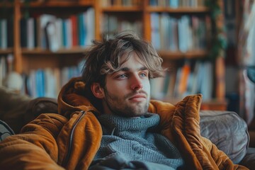 Obraz premium A young adult male lounges on a couch, wrapped in an amber blanket, with a bookshelf background