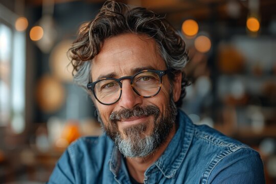 An approachable man with a beard and glasses offering a friendly smile in a stylish indoor café, embodying casual urban chic