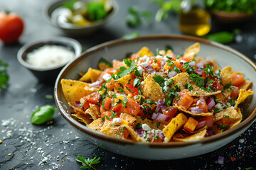 Loaded nachos with fresh salsa, cheese, and herbs on a plate. Gourmet Mexican cuisine concept with copy space for menu design