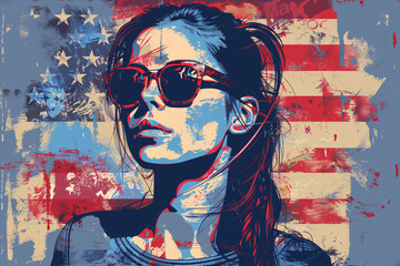 Woman with American flag overlay and grunge texture