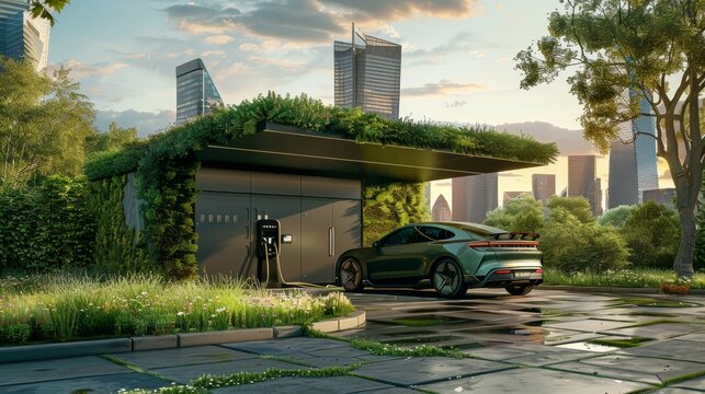A modern electric vehicle charges at a sustainable house with a green roof, integrating nature and urban backdrop.