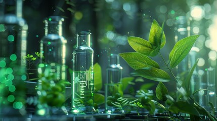 Plants and leaves intermingle with scientific glassware in a laboratory, symbolizing the fusion of natural botany with advanced research techniques. - obrazy, fototapety, plakaty