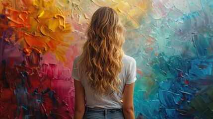 Delighted female with colorful Holi paints on curly hair and white t shirt standing on colorful background. - obrazy, fototapety, plakaty
