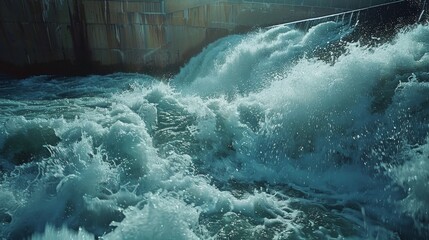 Powerful torrents of water churn vigorously at a dam, demonstrating the might of hydraulic energy generation. - obrazy, fototapety, plakaty