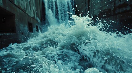 Vigorous water flows forcefully from an outlet at a wastewater treatment facility in an urban setting. - obrazy, fototapety, plakaty